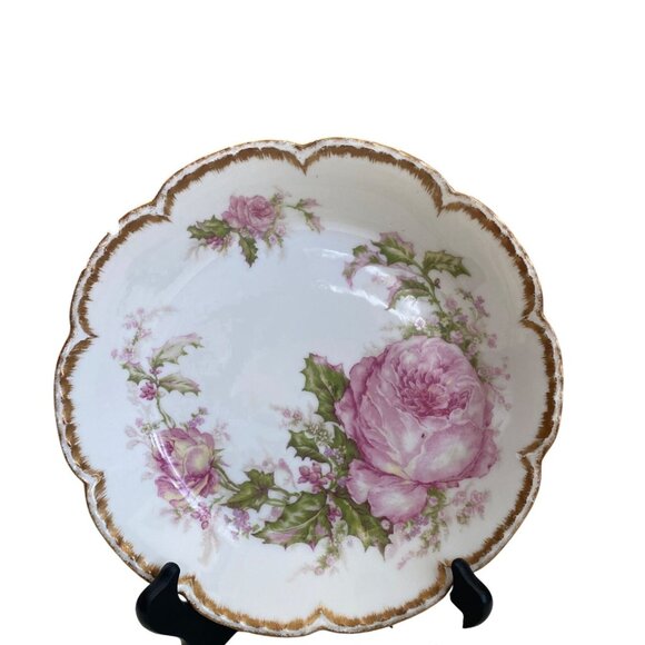 Antique Haviland Limoges H90 Christmas Rose Double Gold Serving Bowl 9" w/FLAWS - Picture 1 of 13
